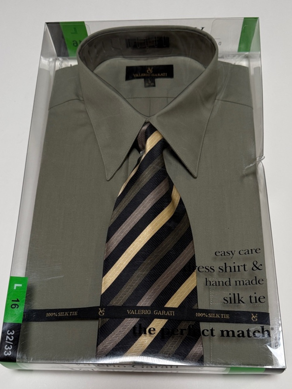 New Men’s Valerio Garati Olive Green Dress Shirt and Silk Tie set